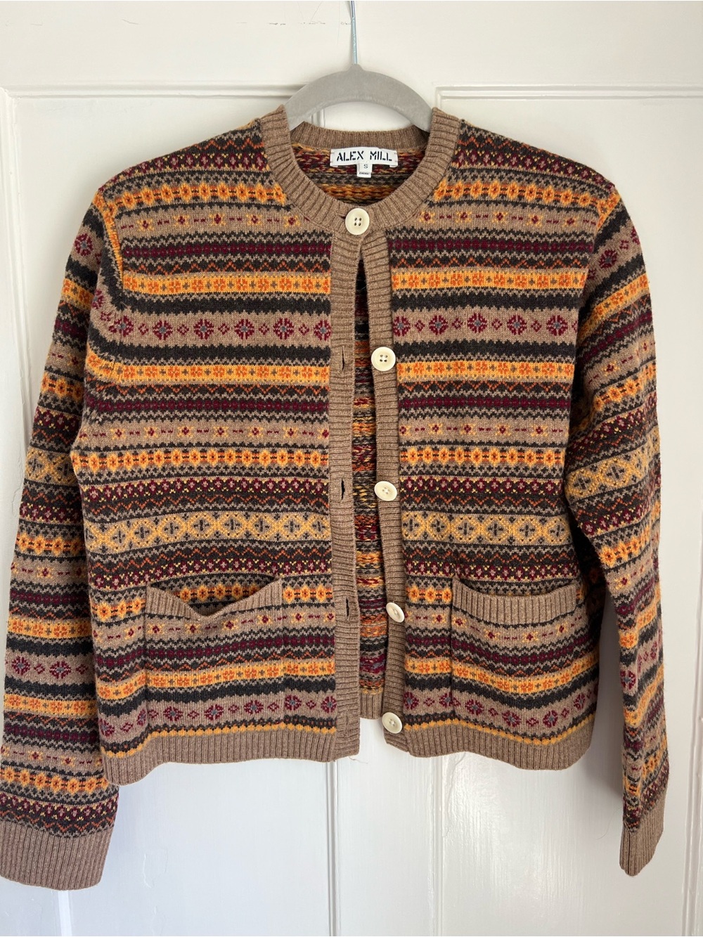 Alex Mill Tan Fair Isle Button-Front Cardigan with Mustard & Burgundy Accents